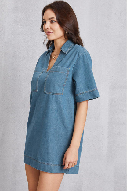 Pocketed Collared Neck Mini Denim Dress Carauana Store