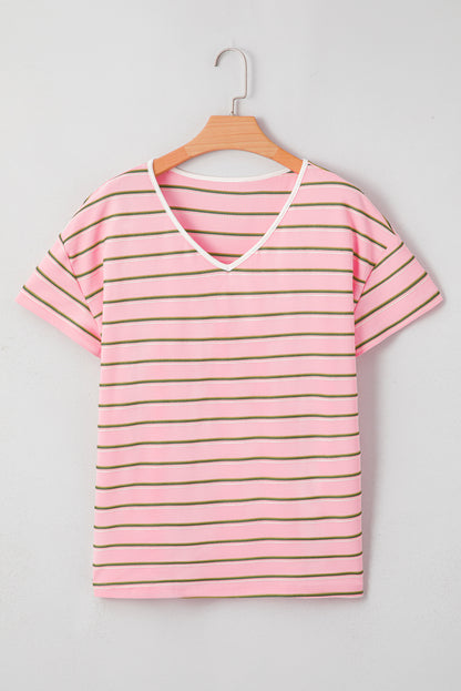 Pink Stripe V Neck Slim Fit Casual T Shirt