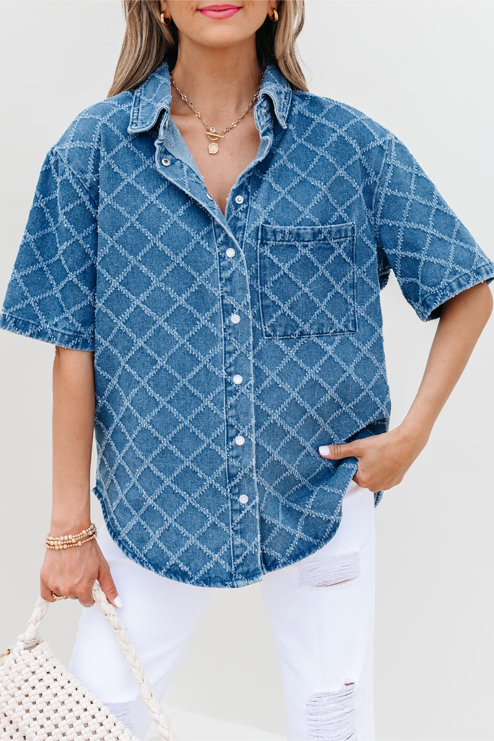 Dusk Blue Checkered Textured Short Sleeve Patched Pocket Denim Shirt