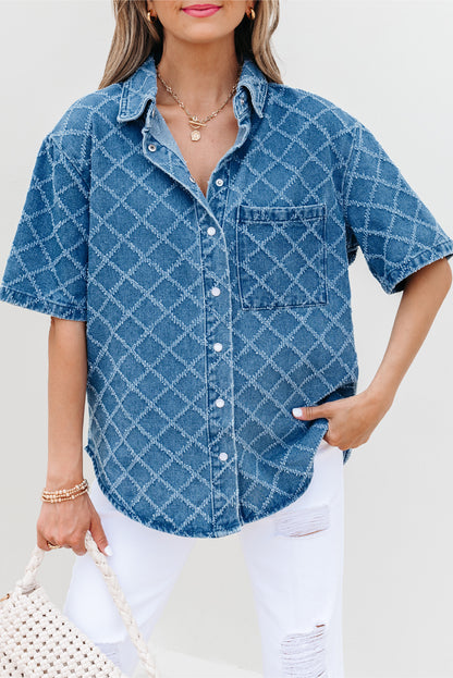 Dusk Blue Checkered Textured Short Sleeve Patched Pocket Denim Shirt