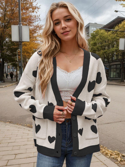 Heart Button Up Dropped Shoulder Long Sleeve Cardigan Carauana Store