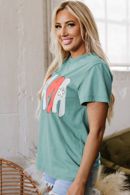 Sea Green MAMA Printed Mineral Wash Crewneck T Shirt