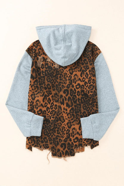 Leopard Distressed Drawstring Hooded Denim Jacket Carauana Store