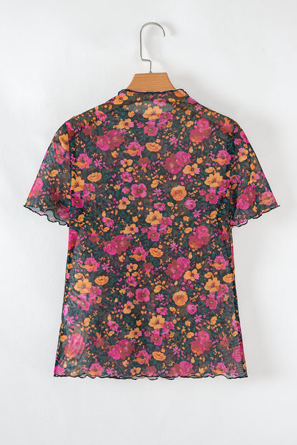 Rose Floral Print Mesh Stand Neck Short Sleeve Top