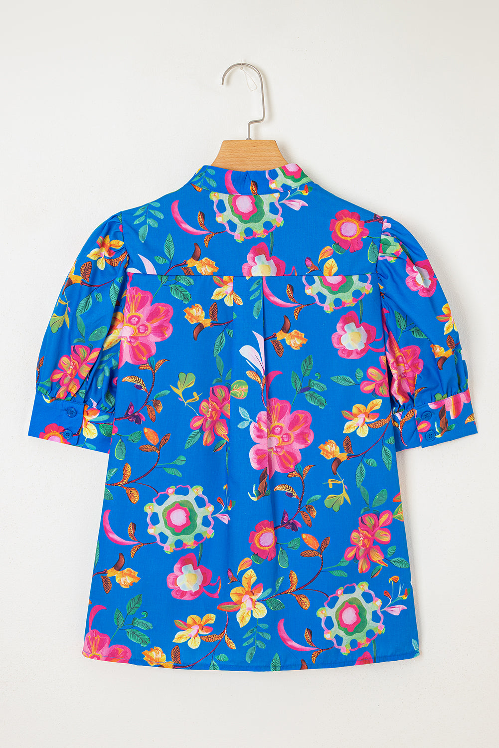 Blue Floral Short Puff Sleeve Button Up Shirt