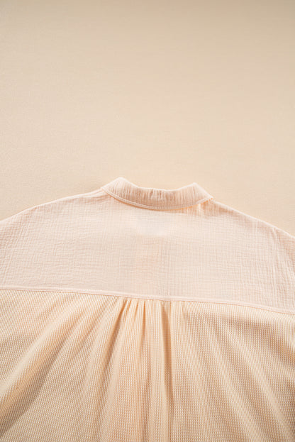 Beige Waffle Splicing Short Batwing Sleeve Flap Detail Shirt