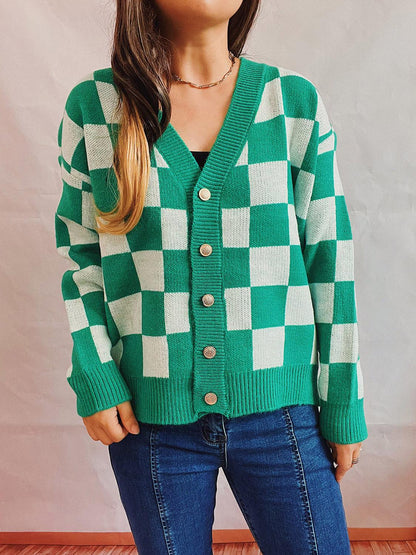 Checkered Open Front Button Up Cardigan Carauana Store