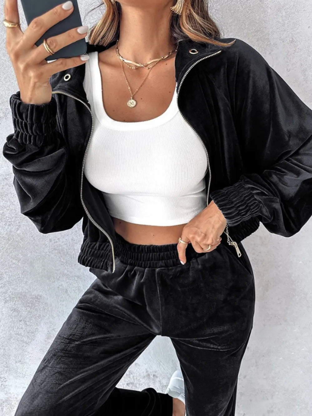 Zip Up Long Sleeve Cropped Top and Joggers Set Carauana Store