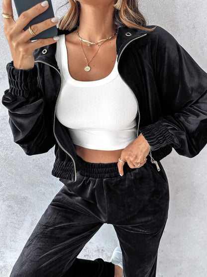 Zip Up Long Sleeve Cropped Top and Joggers Set Carauana Store