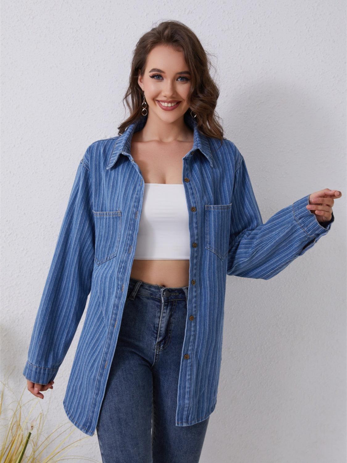 Pocketed Striped Button Up Denim Shirt Carauana Store