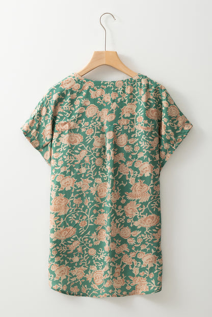 Green Floral Print Pleated Buttoned V Neck Short Sleeve Blouse