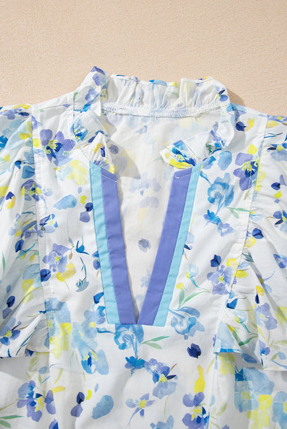 Sky Blue Floral Print Frilled Notched V Neck Blouse