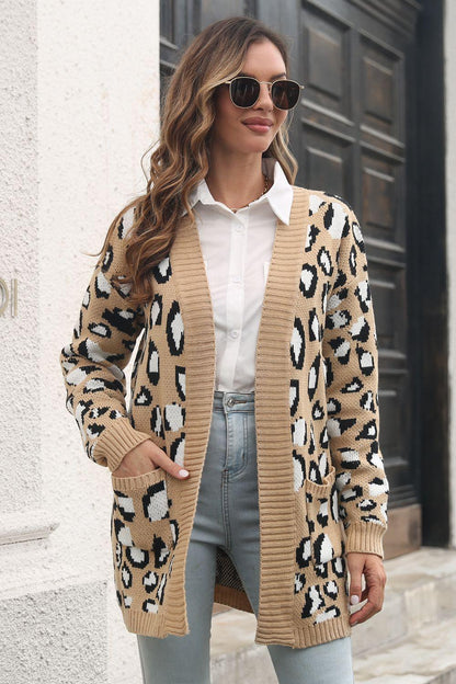 Leopard Open Front Cardigan with Pockets Carauana Store