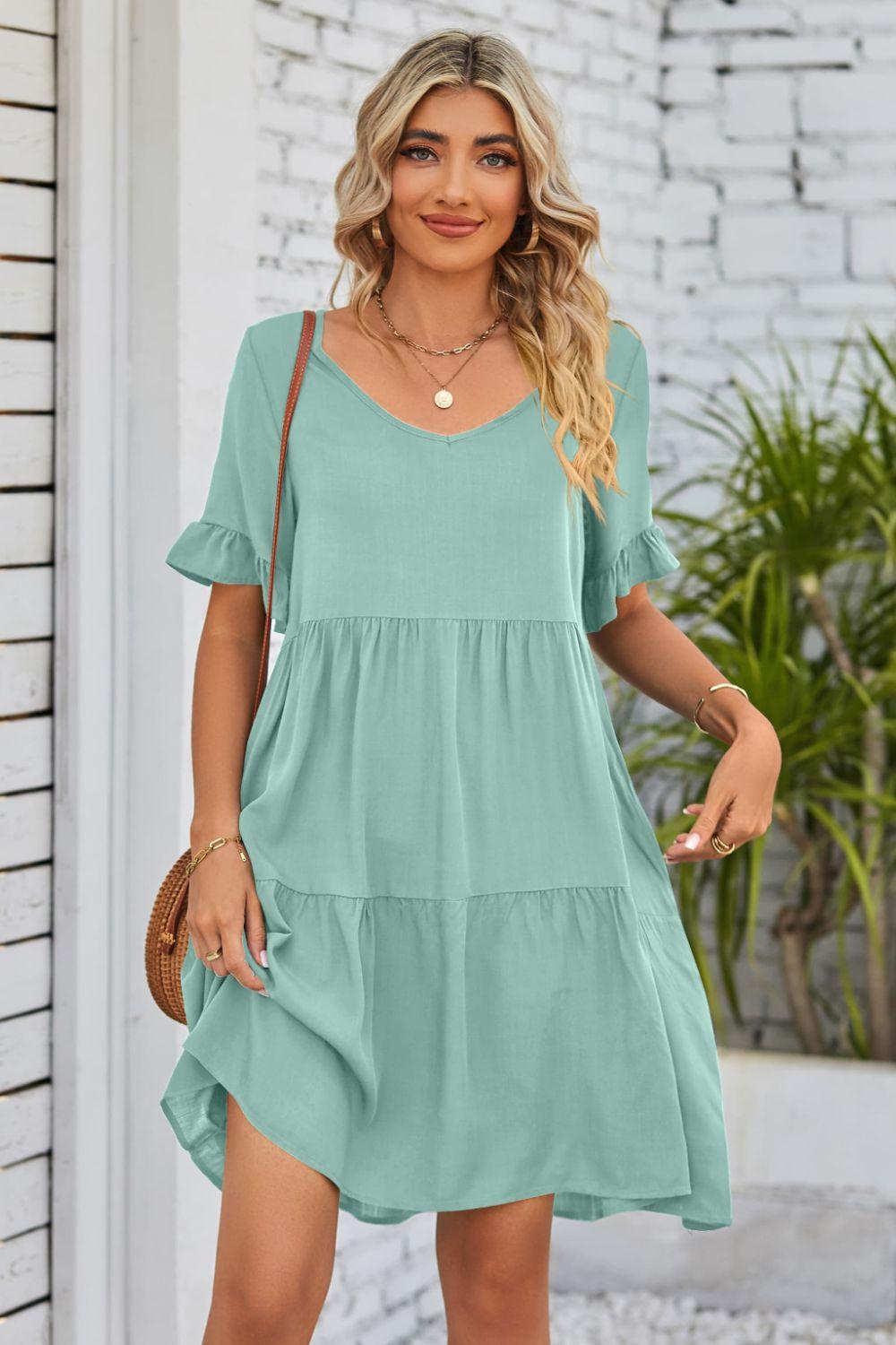 V-Neck Flounce Sleeve Tiered Dress Carauana Store