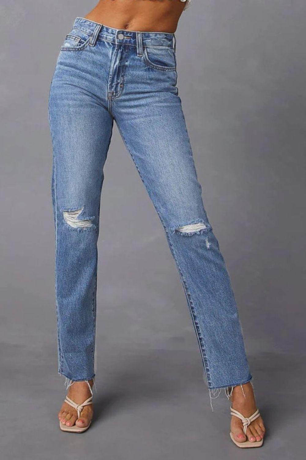 Distressed Raw Hem Straight Jeans with Pockets Carauana Store
