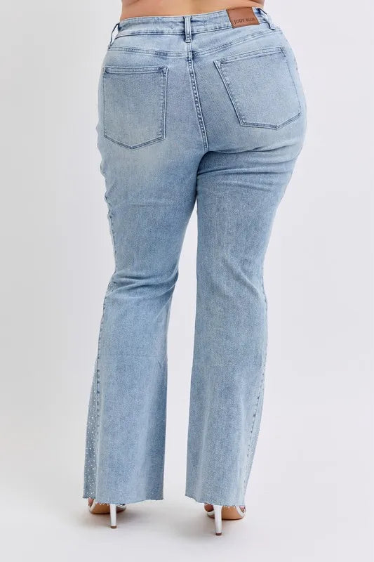 Judy Blue Full Size Mid Rise Rhinestone Side Panel Detail Flare Jeans Plus Size Carauana Store
