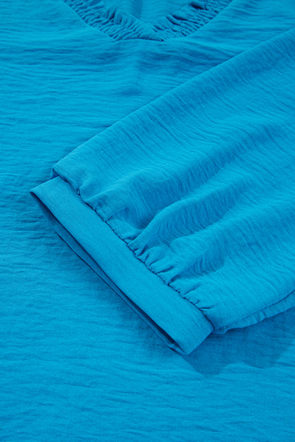 Sky Blue Frilled V Neckline Bracelet Sleeve Crinkled Blouse