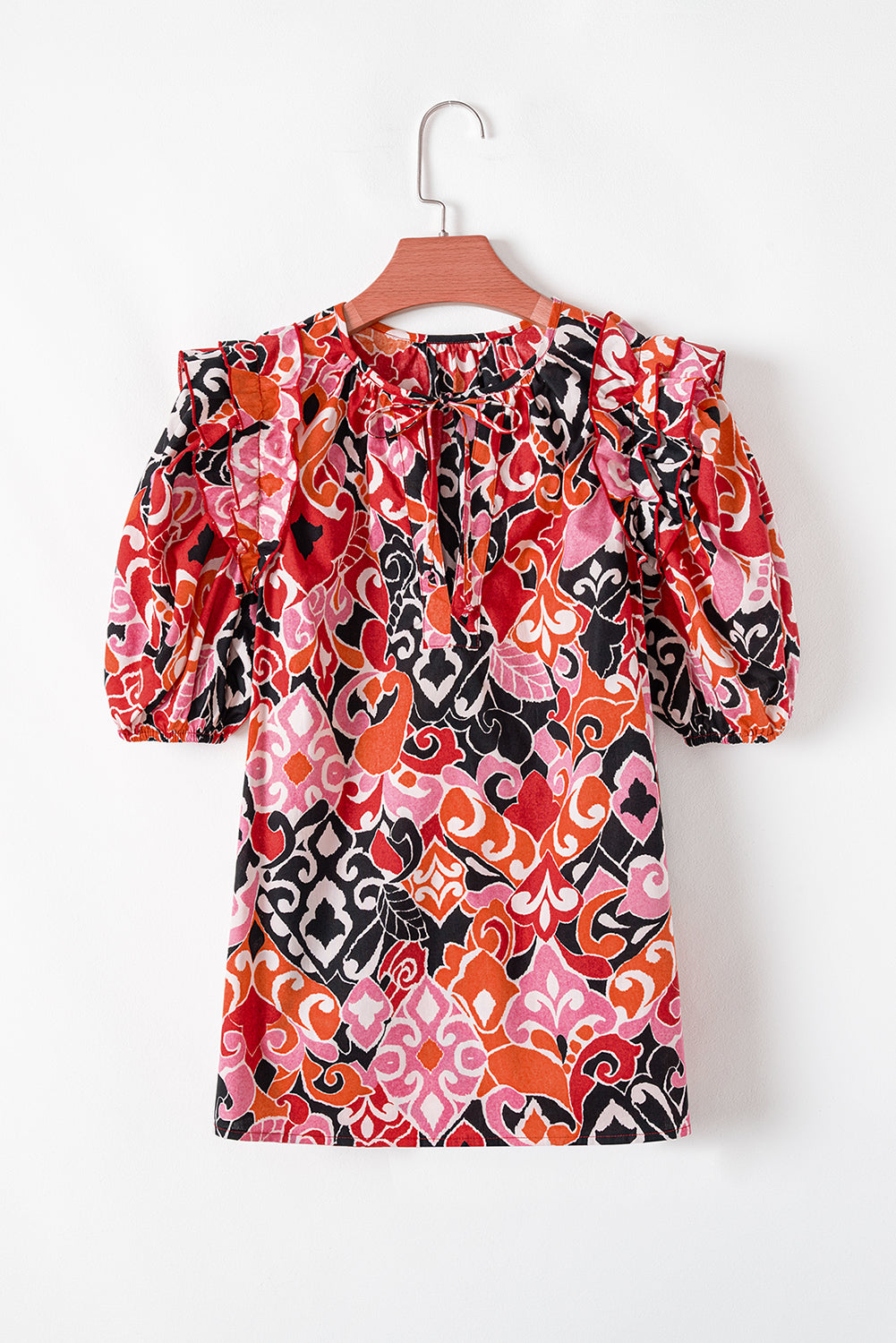 Red Ethnic Print Split Neck Short Puff Sleeve Blouse