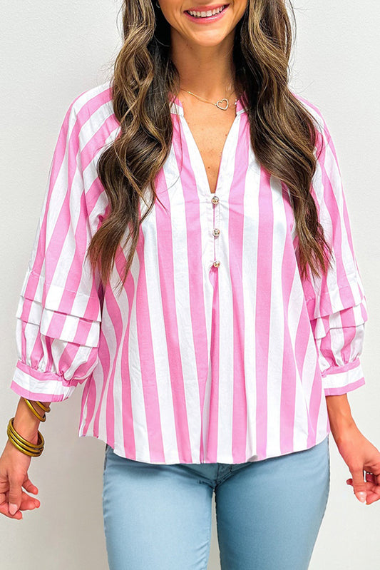 Rose Stripe Split Neck Button Decor Front Puff Sleeve Blouse