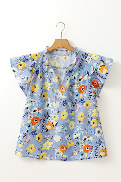Sky Blue Flutter Sleeve V Neck Floral Top