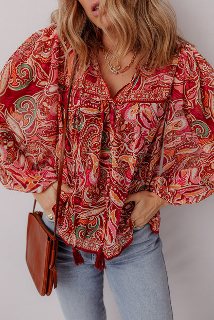 Multicolour Ethnic Paisley Print Tassel Tie Puff Sleeve Boho Blouse