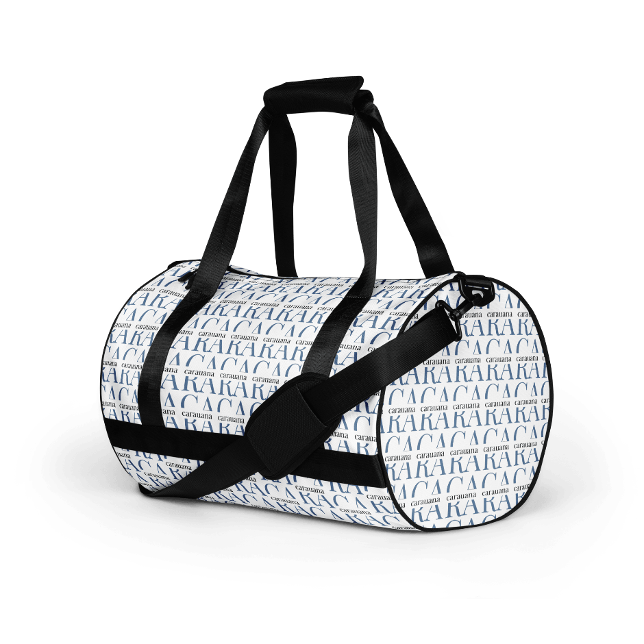 Duffle bag with black straps and a repeating pattern on a white background