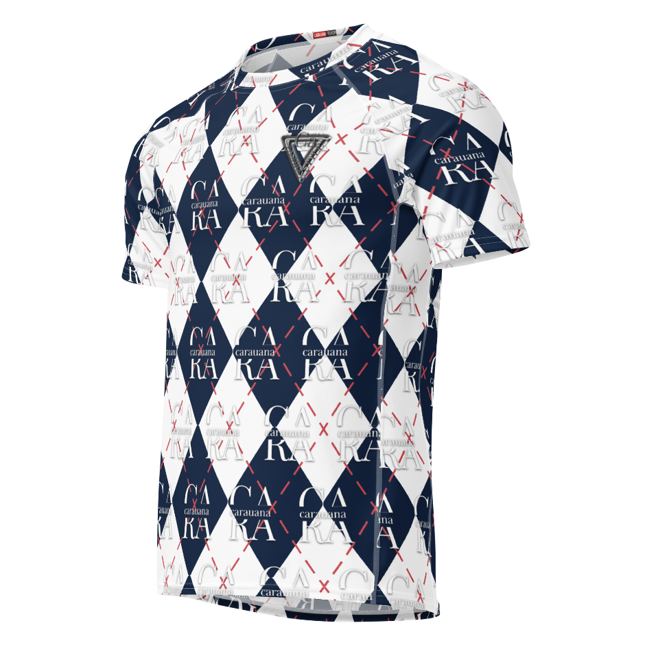 Navy and white checkered shirt with brand logo on a white background