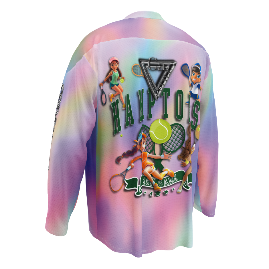 Colorful tie-dye shirt with tennis-themed graphics and text on a white background