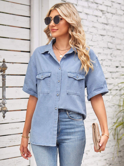 Collared Neck Short Sleeve Denim Jacket Carauana Store