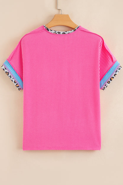 Bonbon Leopard Patchwork Corded Knit Crew Neck T Shirt