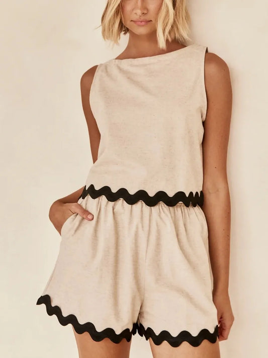 Contrast Trim Round Neck Tank and Shots Set Carauana Store