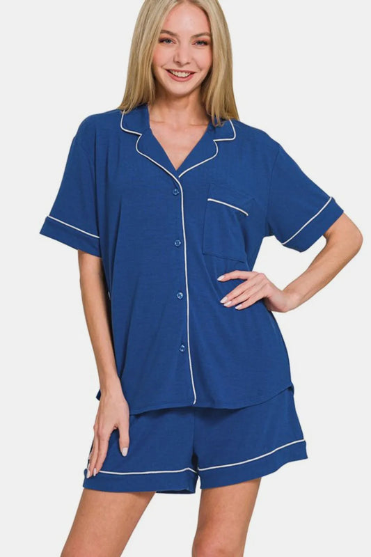 Zenana Button Down Short Sleeve Top and Shorts Lounge Set Carauana Store