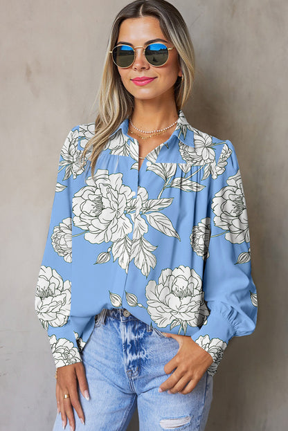 Sky Blue Floral Print Button Up Pleated Detail Puff Sleeve Shirt