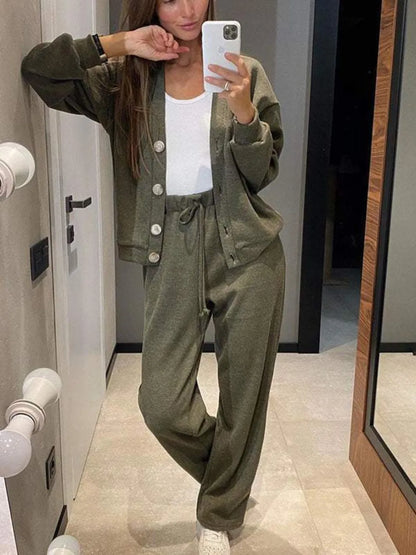 Full Size Button Up Long Sleeve Top and Pants Set Carauana Store