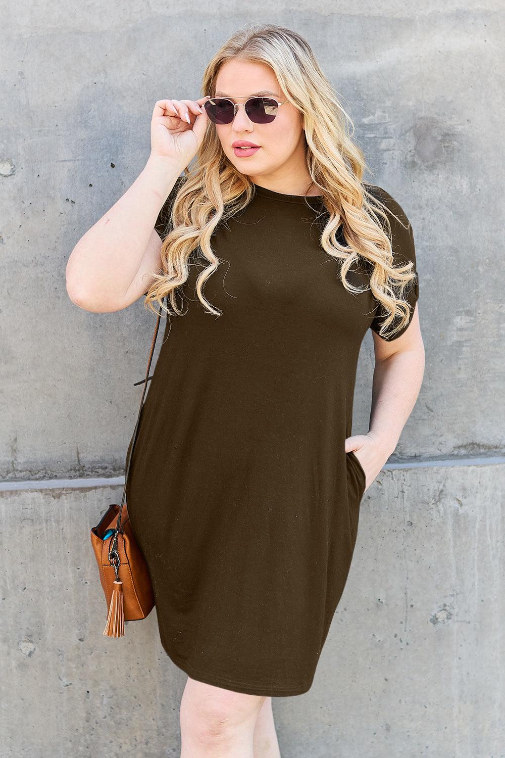 Basic Bae Full Size Round Neck Short Sleeve Dress with Pockets Carauana Store
