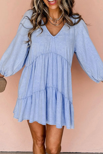 V-Neck Tiered Ruffled Hem Mini Dress Carauana Store