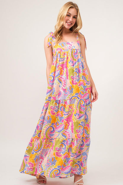 And The Why Full Size Printed Tie Shoulder Tiered Maxi Dress Carauana Store