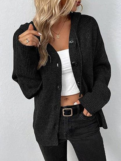 Button Up Drawstring Long Sleeve Hooded Cardigan Carauana Store