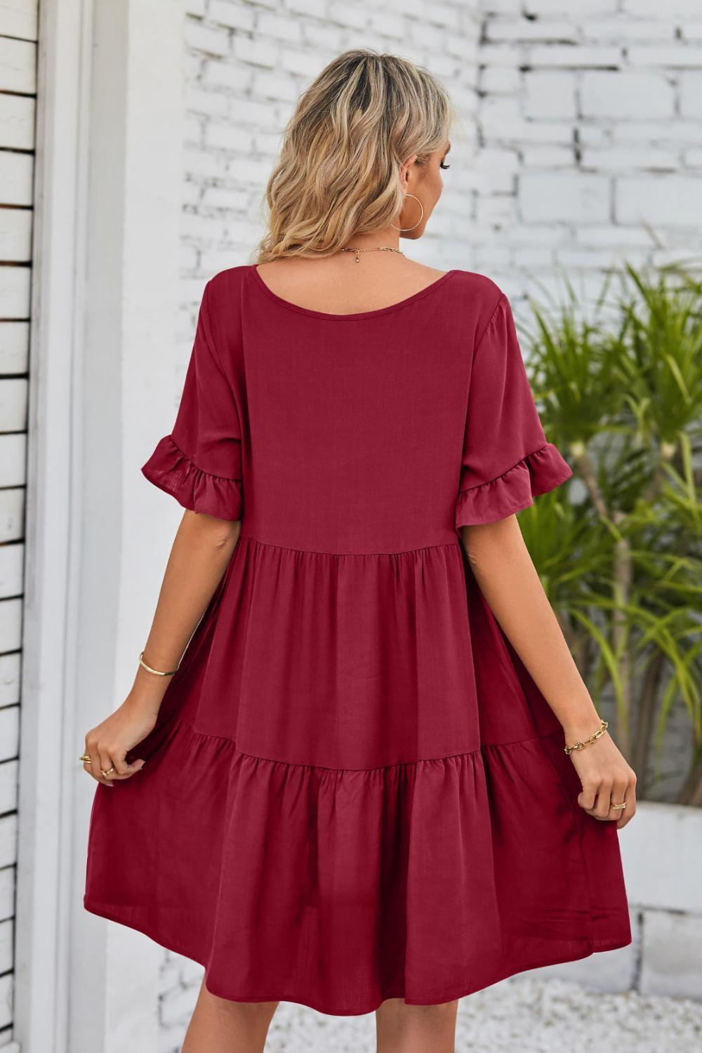 V-Neck Flounce Sleeve Tiered Dress Carauana Store