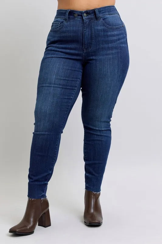 Judy Blue Full Size Mid Rise Skinny Jeans with Raw Hem Plus Size Carauana Store