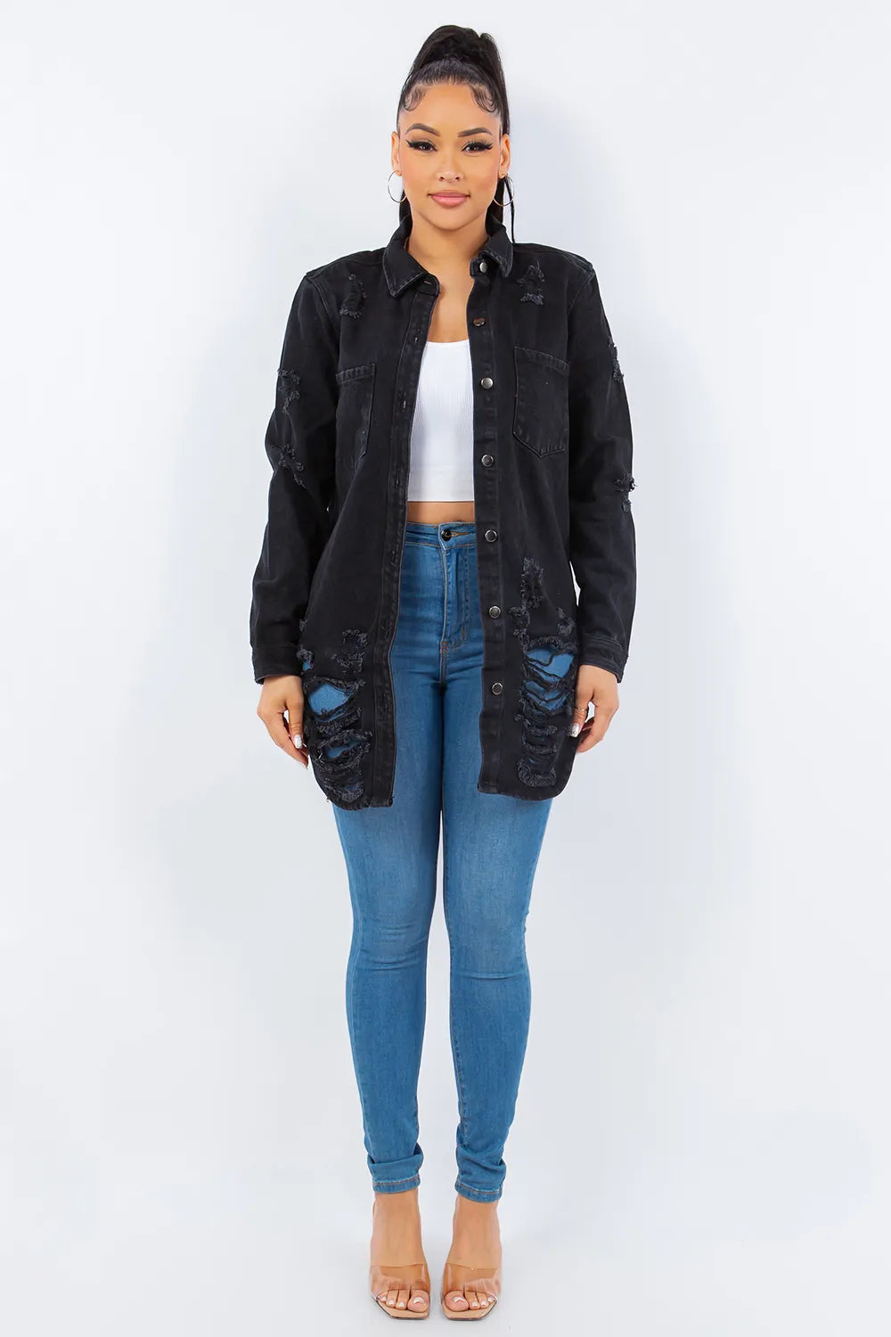 American Bazi Distressed Button Up Long Sleeve Denim Jacket Carauana Store