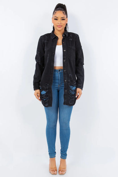 American Bazi Distressed Button Up Long Sleeve Denim Jacket Carauana Store