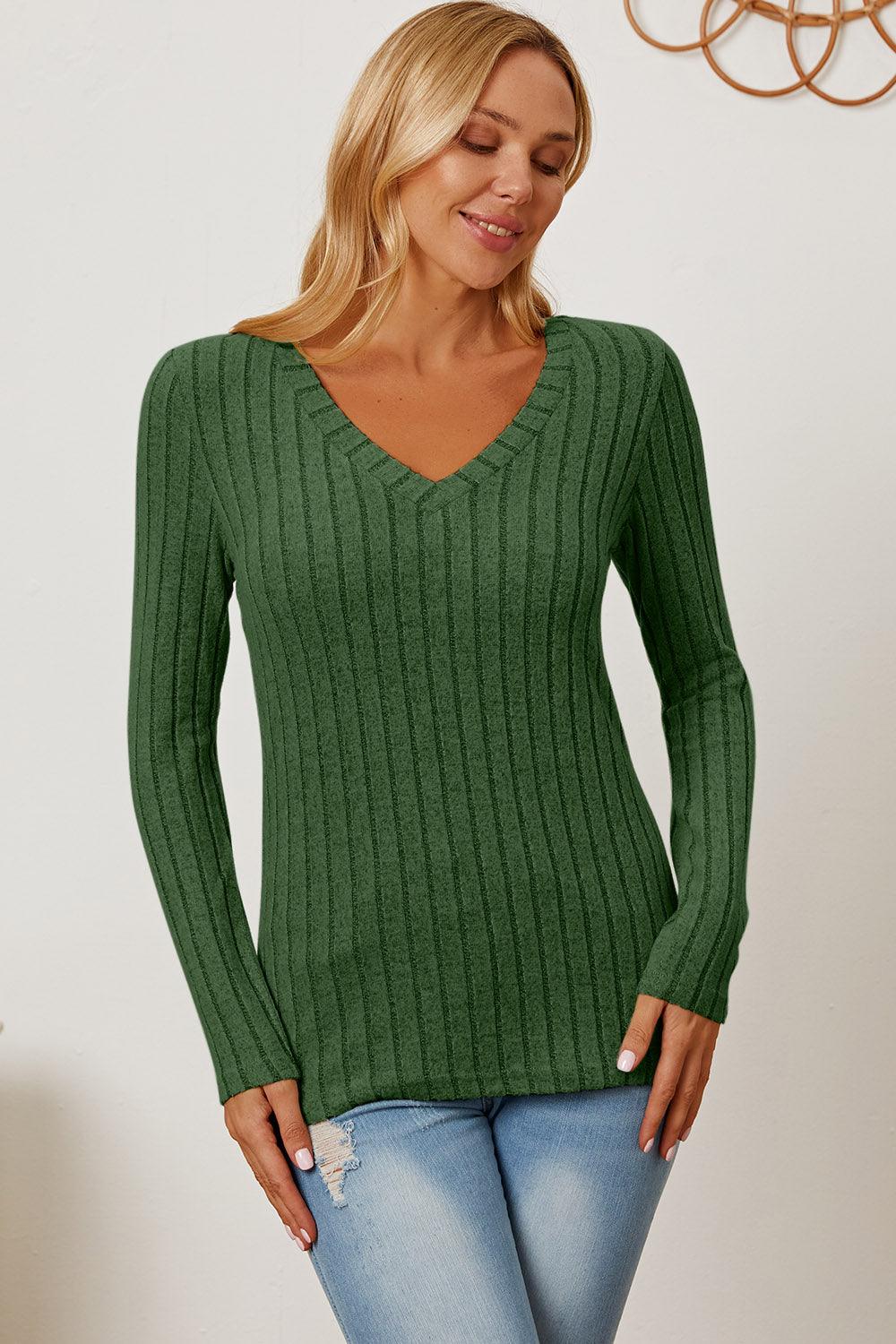 Basic Bae Full Size Ribbed V-Neck Long Sleeve T-Shirt Carauana Store