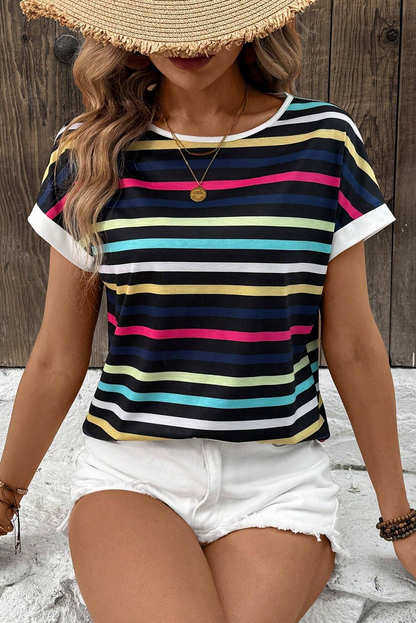 Black Stripe Multicolor Contrast Edge Crew Neck T Shirt