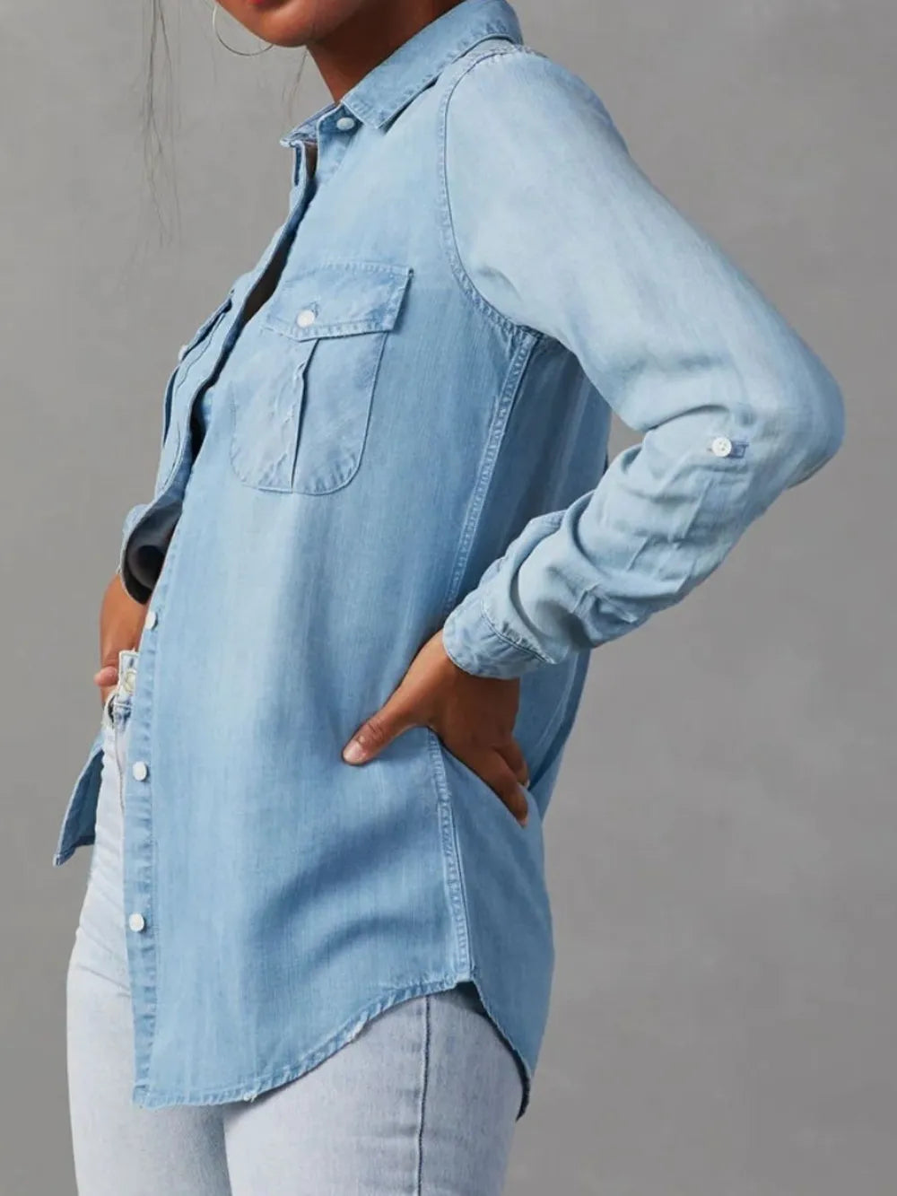 Collared Neck Roll-Tab Sleeve Denim Top Carauana Store