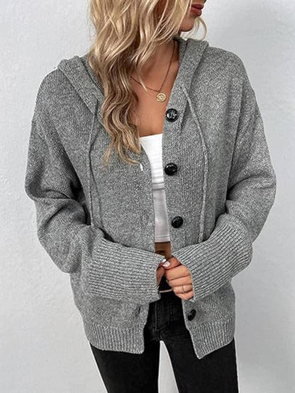 Button Up Drawstring Long Sleeve Hooded Cardigan Carauana Store