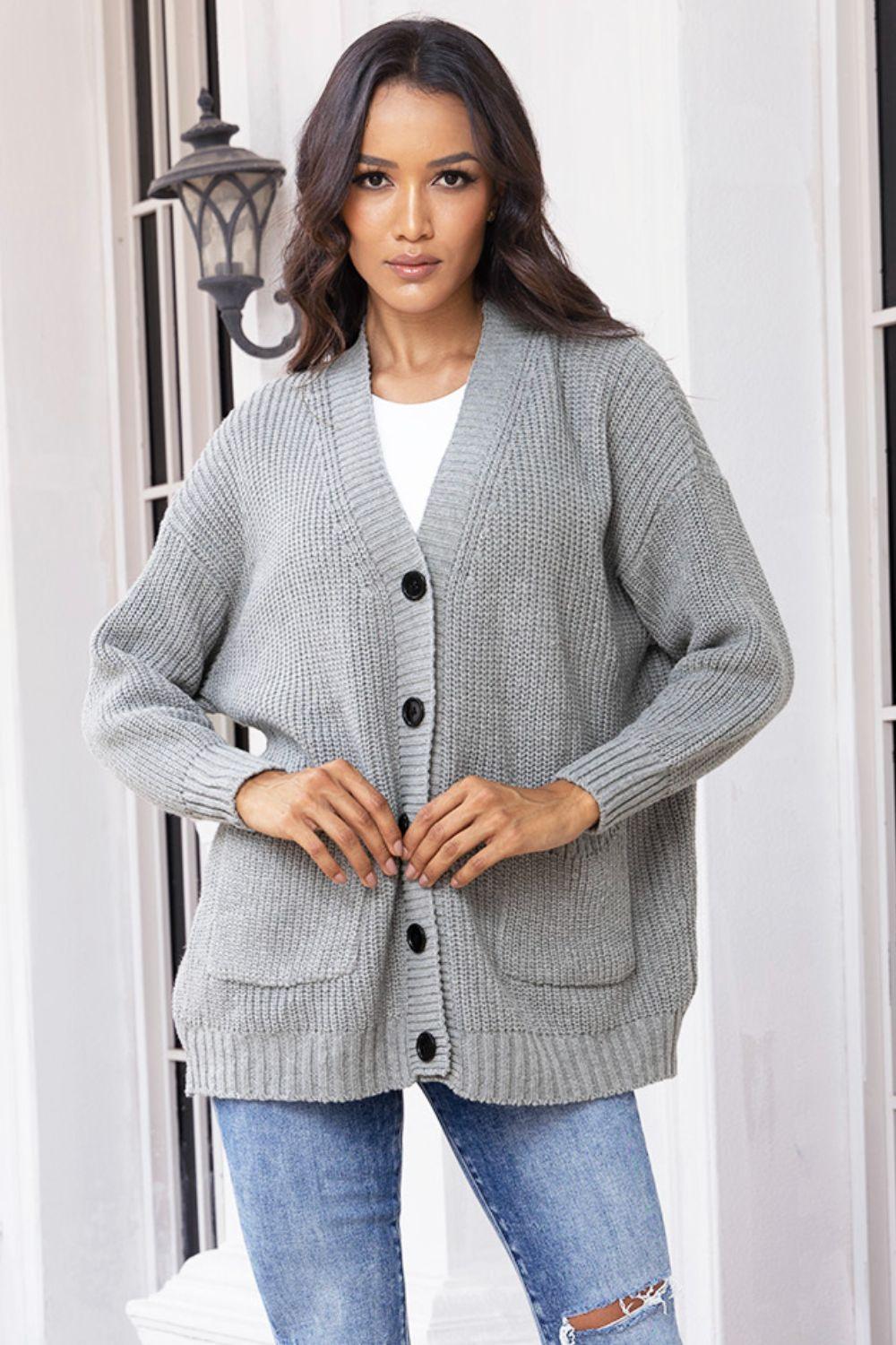 Button Up Long Sleeve Cardigan with Pockets Carauana Store