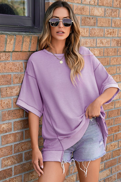 Orchid Petal Oversized Exposed Stitching High Low Half Sleeve Top