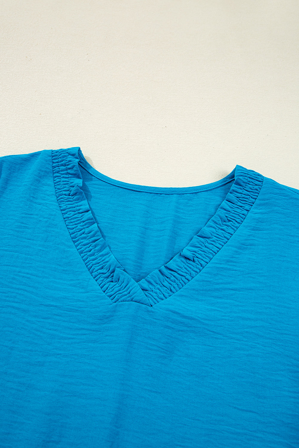 Sky Blue Frilled V Neckline Bracelet Sleeve Crinkled Blouse