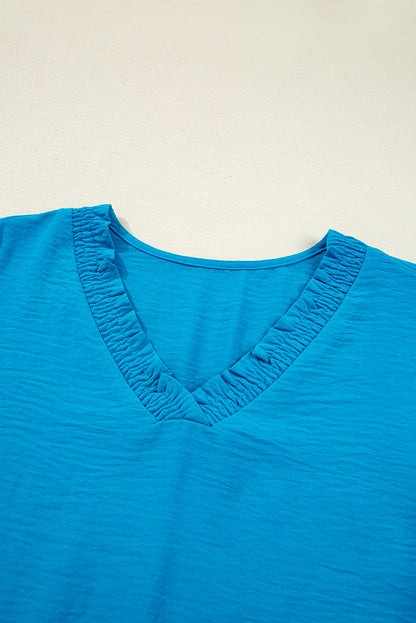 Sky Blue Frilled V Neckline Bracelet Sleeve Crinkled Blouse